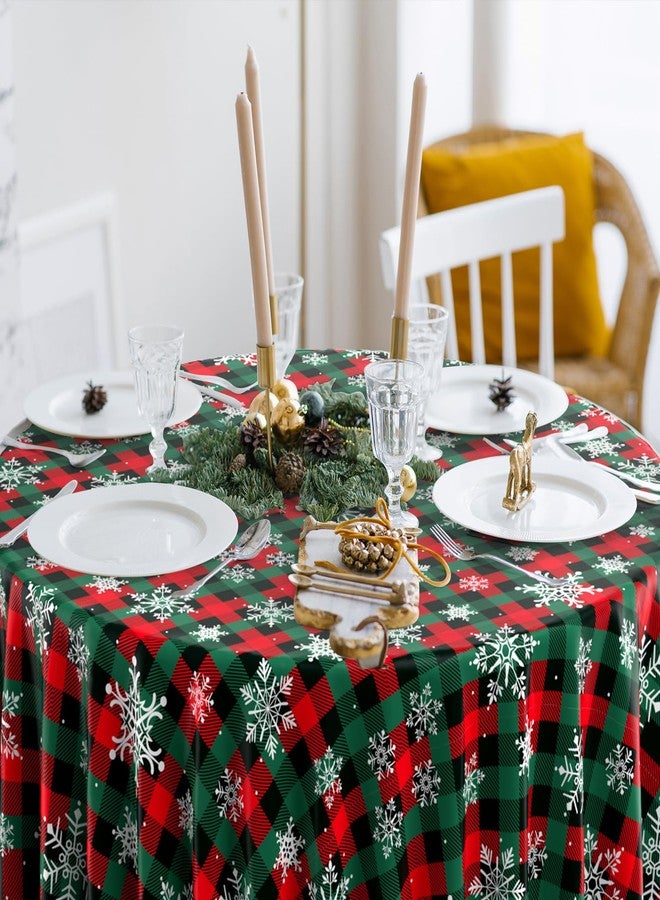 Jectivs 3Pcs Christmas Buffalo Plaid Snowflake Party Tablecloths Decorations,Plastic Red and Green Checkered Round Table Cover for Winter Christmas New Year Birthday Holiday Party Decorations,84 inch - Image 5